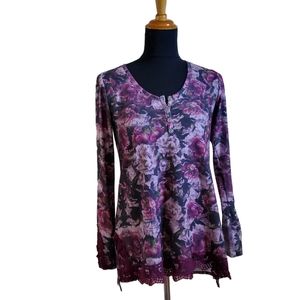 Scrapbook Henley Floral Embroidered Long Sleeve Tunic Top Size S Purple New
